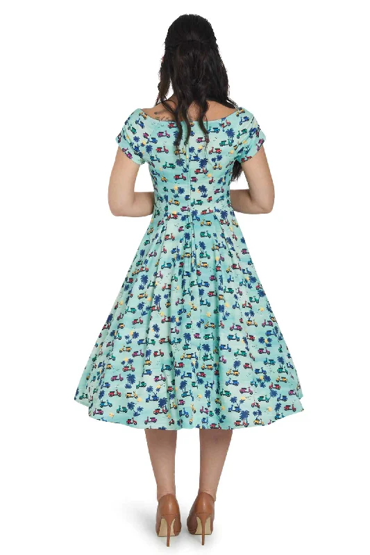 Lily Scooter Print Off Shoulder Dress in Turquoise Blue