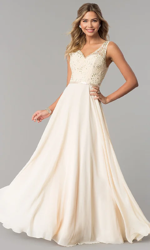 Sleeveless Lace-Bodice V-Neck Long Formal Dress