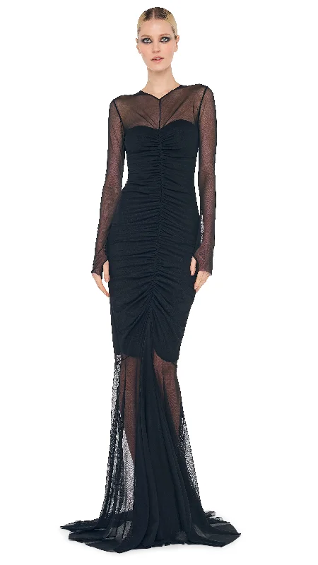 LS V NECK SHIRRED FRONT FISHTAIL GOWN / DRESS