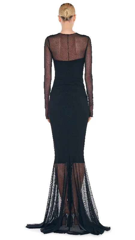 LS V NECK SHIRRED FRONT FISHTAIL GOWN / DRESS