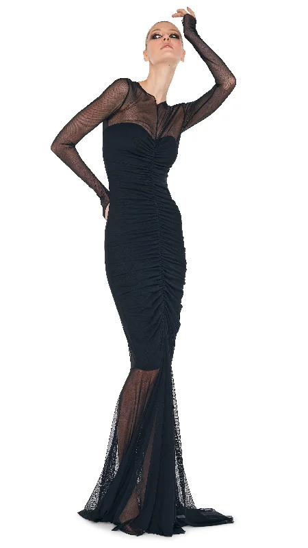 LS V NECK SHIRRED FRONT FISHTAIL GOWN / DRESS