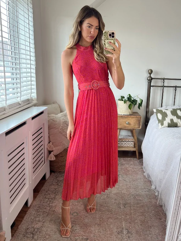 Luisa Belted Pleated Maxi Dress / Pink Animal Print