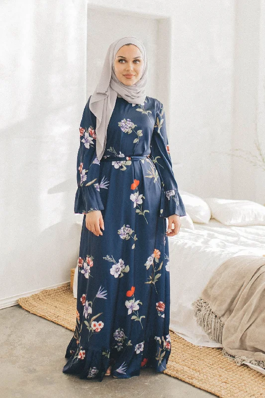 Madison Satin Floral Dress- Navy Blue