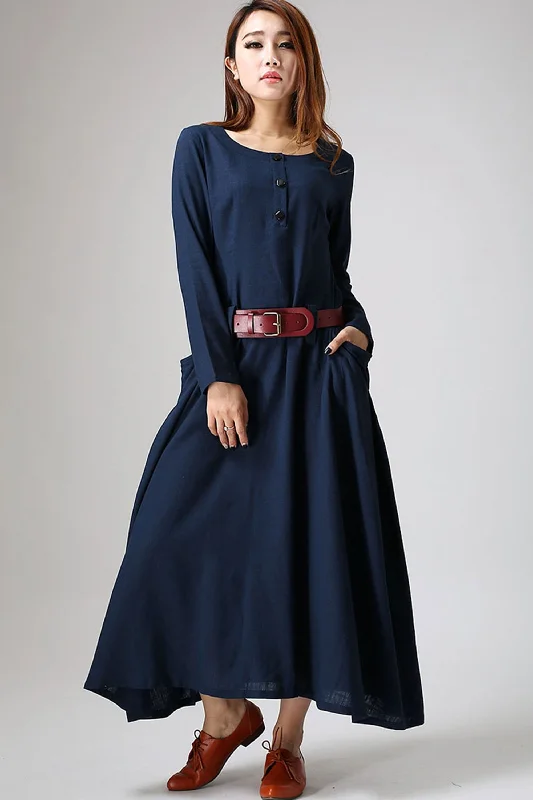 Maxi dress blue linen dress woman's long sleeve dress custom made long dress (890)