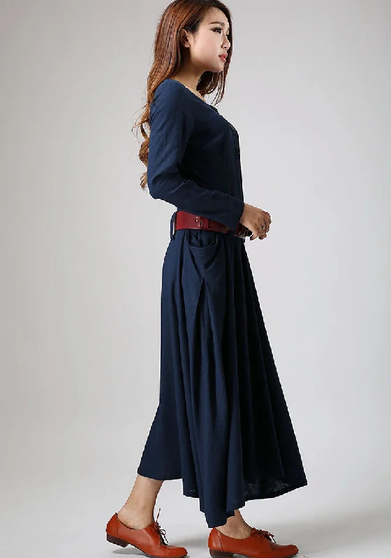 Maxi dress blue linen dress woman's long sleeve dress custom made long dress (890)