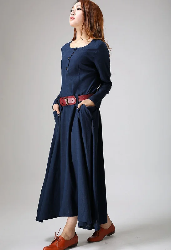 Maxi dress blue linen dress woman's long sleeve dress custom made long dress (890)