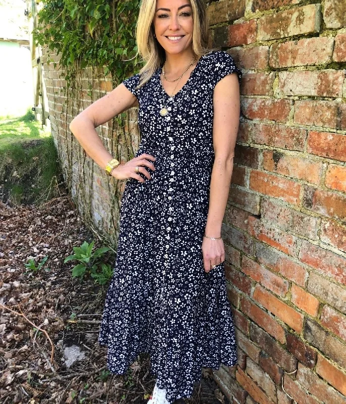 Navy Ditsy Button Through Midi Dress