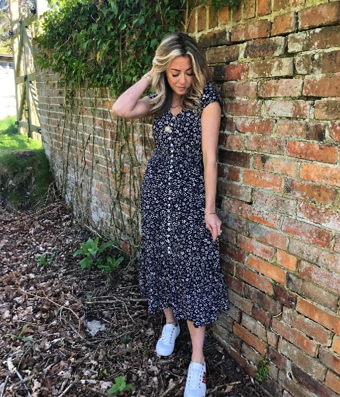 Navy Ditsy Button Through Midi Dress