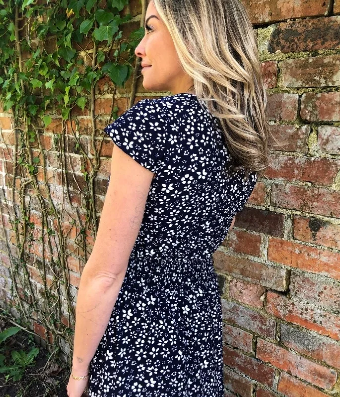 Navy Ditsy Button Through Midi Dress