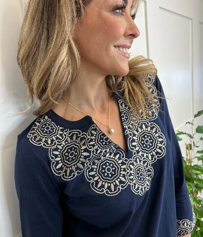 Navy Embroidered Tunic Dress