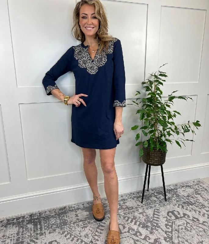 Navy Embroidered Tunic Dress