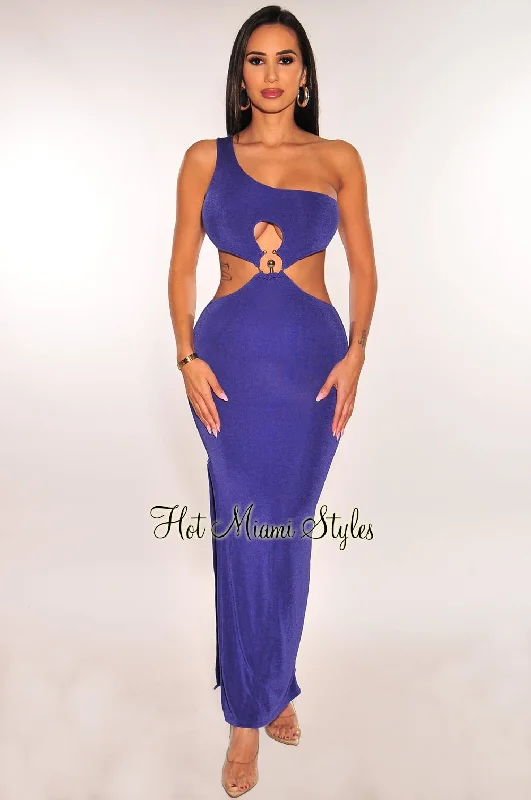 Navy Shimmery One Shoulder O-Ring Cut Out Slit Maxi Dress