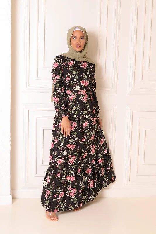 Nova Smock Floral Satin Dress- Black