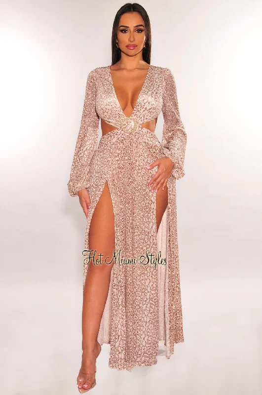 Nude Leopard Print Pearl O-Ring Cut Out Long Sleeves Double Slit Maxi Dress