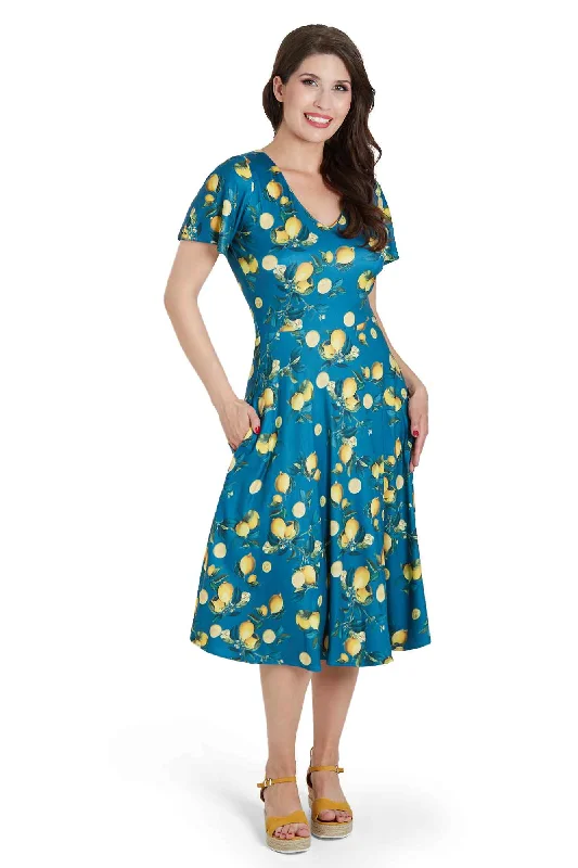 Palma Short Sleeved Tea Dress in Teal Blue Lemon Print