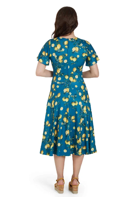 Palma Short Sleeved Tea Dress in Teal Blue Lemon Print