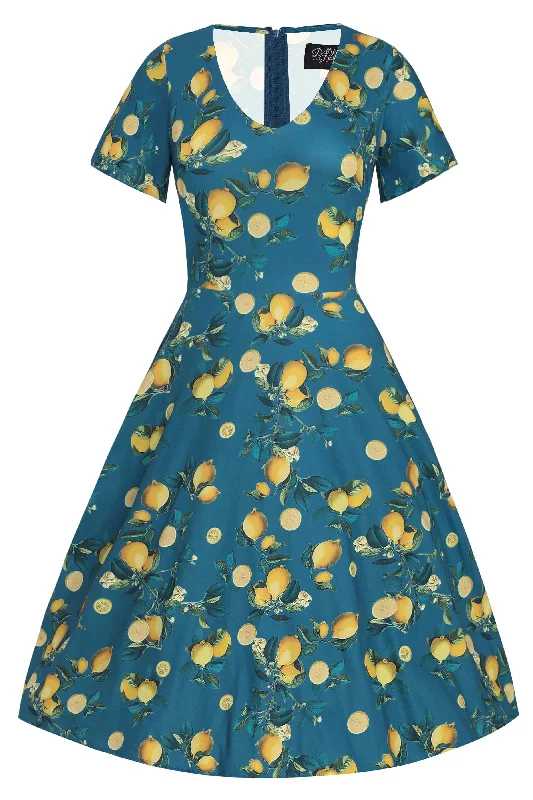 Palma Short Sleeved Tea Dress in Teal Blue Lemon Print