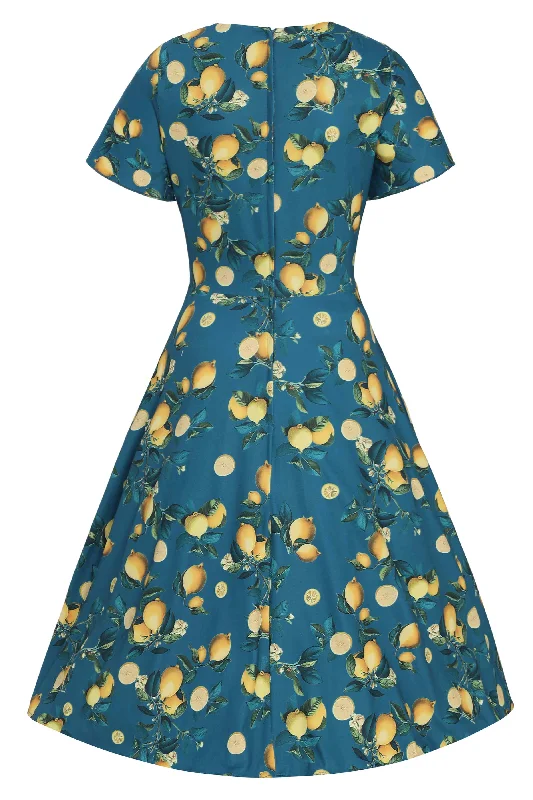 Palma Short Sleeved Tea Dress in Teal Blue Lemon Print