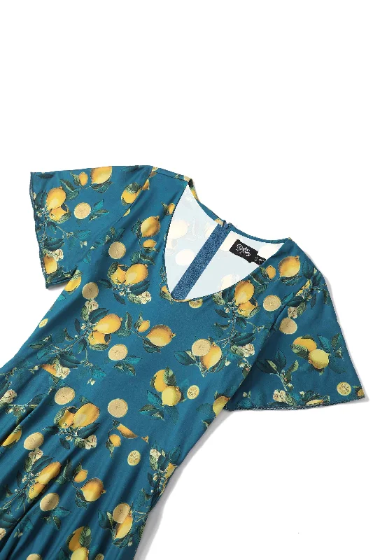 Palma Short Sleeved Tea Dress in Teal Blue Lemon Print