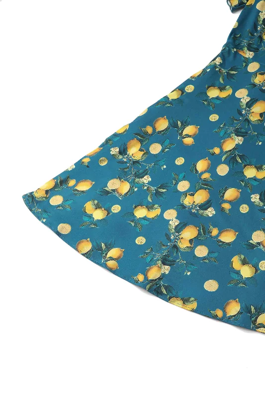 Palma Short Sleeved Tea Dress in Teal Blue Lemon Print