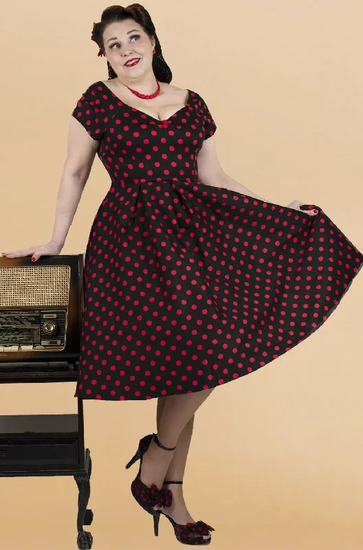 Lily Rockabilly Polka Dot Off Shoulder Swing Dress In Black & Red