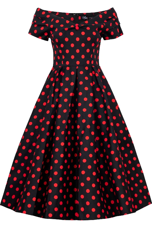 Lily Rockabilly Polka Dot Off Shoulder Swing Dress In Black & Red