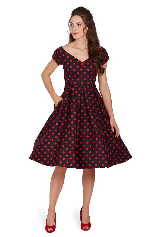 Lily Rockabilly Polka Dot Off Shoulder Swing Dress In Black & Red