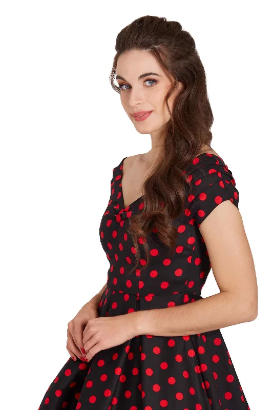 Lily Rockabilly Polka Dot Off Shoulder Swing Dress In Black & Red