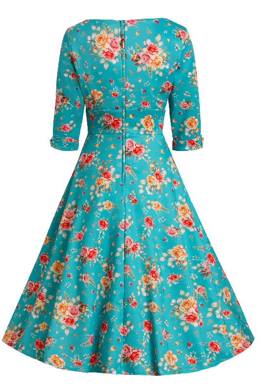 Scarlette Turquoise Floral Mid Calf Dress