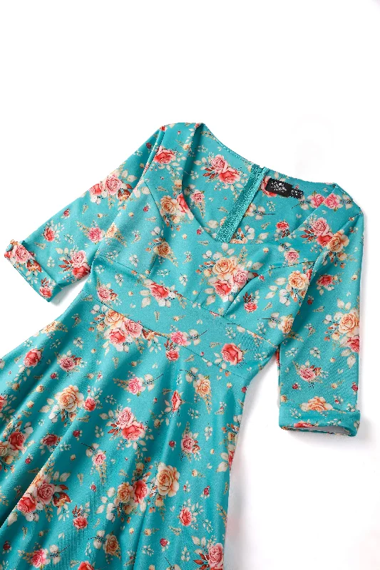 Scarlette Turquoise Floral Mid Calf Dress