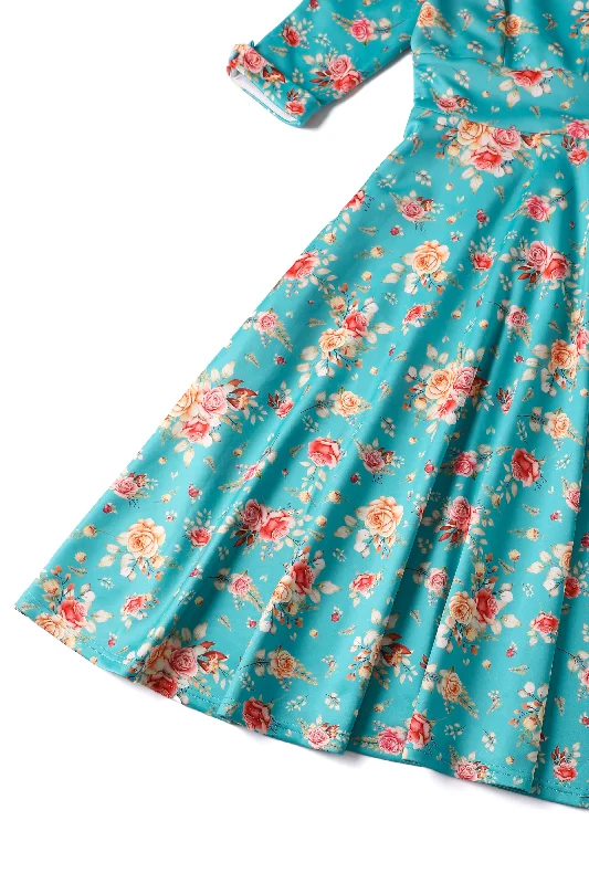 Scarlette Turquoise Floral Mid Calf Dress