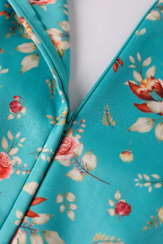 Scarlette Turquoise Floral Mid Calf Dress