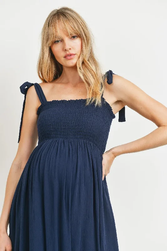 Shoulder Tie Midi Dress W/ Smocked Top