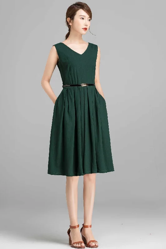 Sleeveless knee length green linen dress 2357