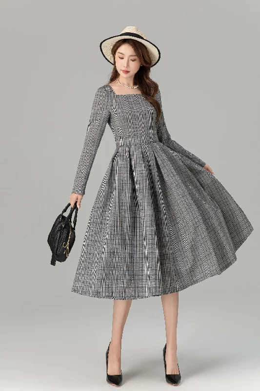 Spring plaid long sleeves swing linen dresses 4935