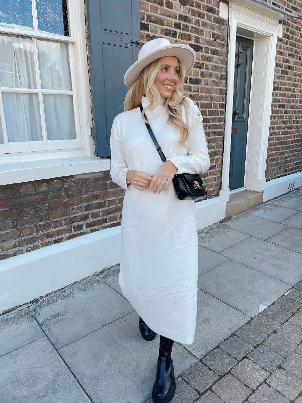 Tiana Ivory High Neck Midi Knit Dress