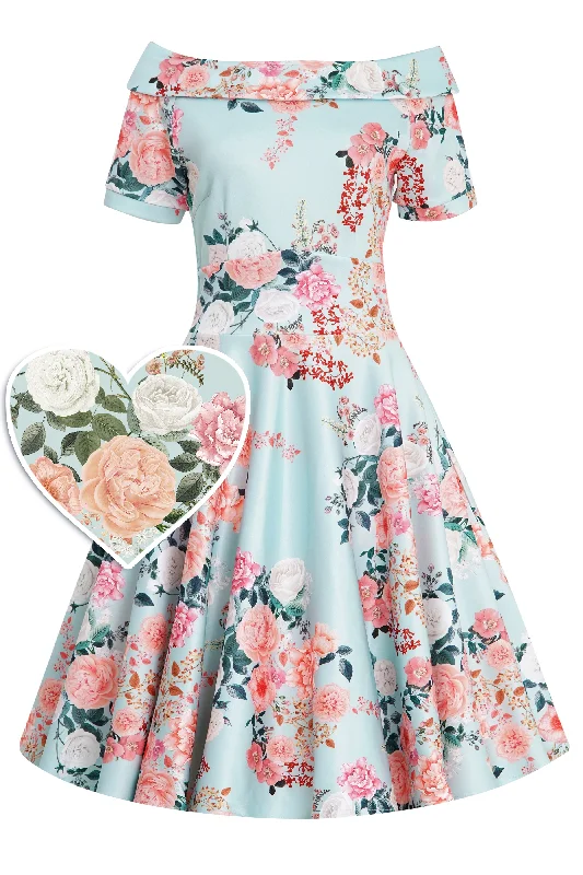 Darlene 50s Floral Off Shoulder Dress In Mint