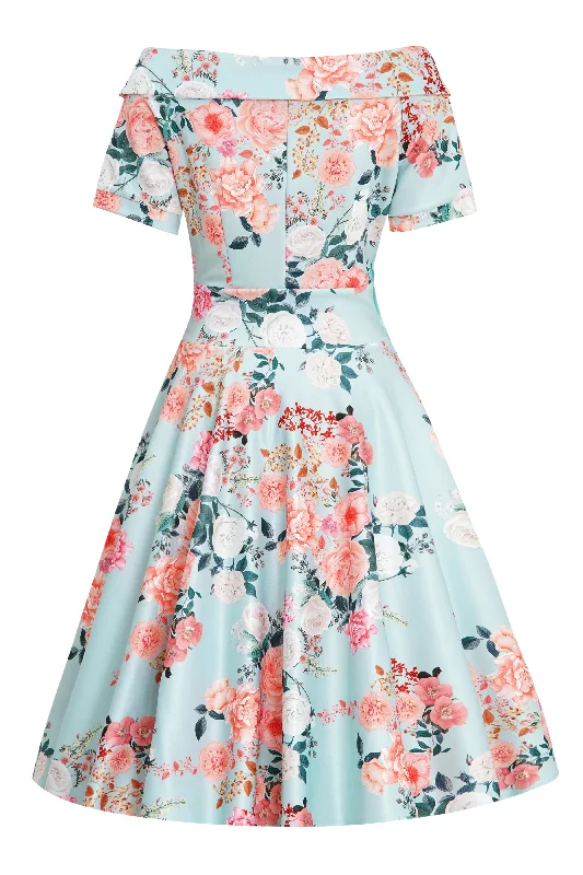 Darlene 50s Floral Off Shoulder Dress In Mint