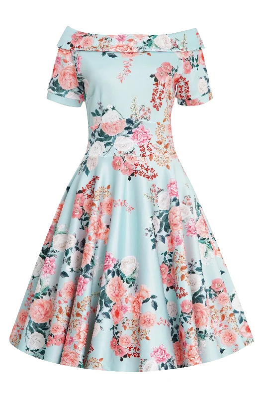 Darlene 50s Floral Off Shoulder Dress In Mint