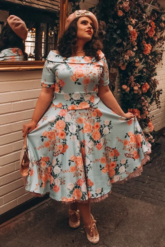 Darlene 50s Floral Off Shoulder Dress In Mint