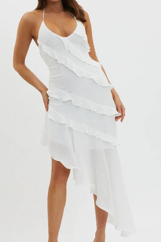 Arrabel Tiered Ruffle Asymmetric Midi Dress White