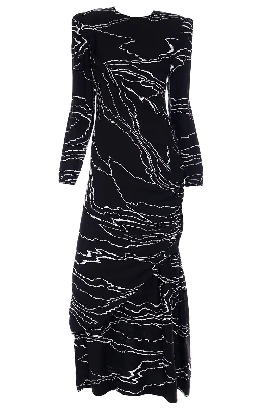 1985 Bill Blass Full Length Vintage Black Dress w/ White Abstract Print