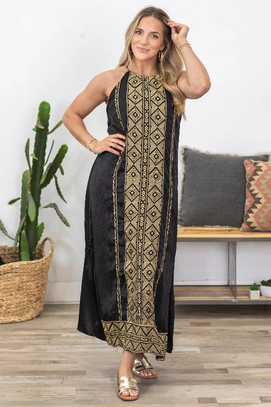 Black And Gold Embroidery Detail Maxi Dress