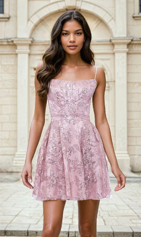 Rose Pink Short Glitter-Print Hoco Dress 5001BN