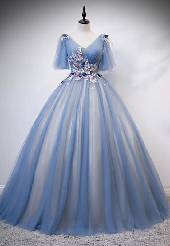 Blue tulle long ball gown dress A line evening dress  M621