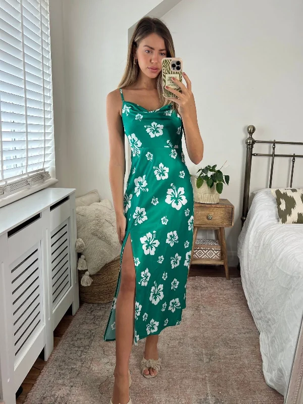 Havana Cowl Neck Slip Dress / Green Hibiscus