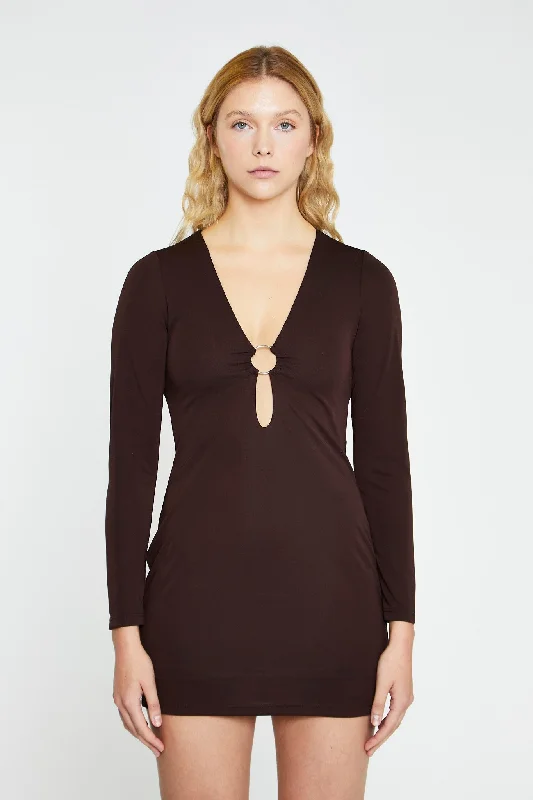 Dark Brown Deep V-neck Mini-Dress