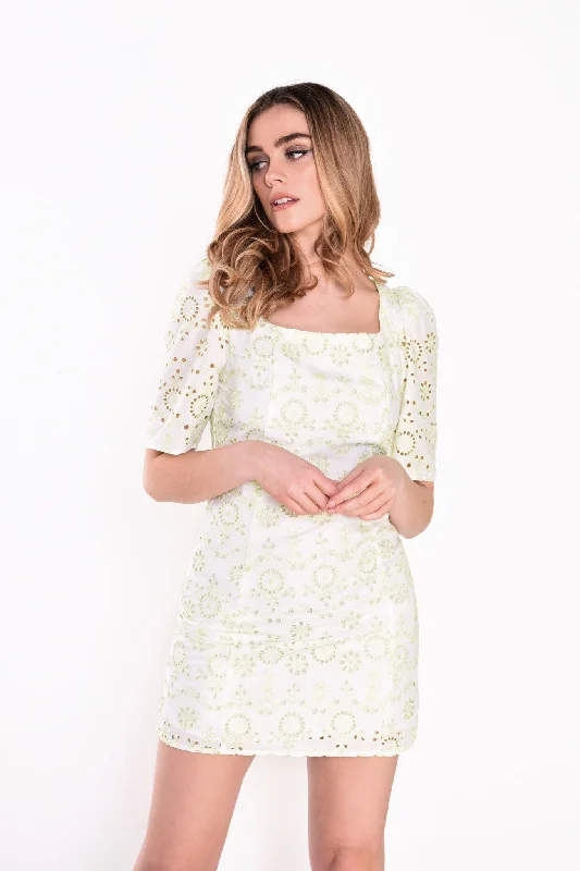 Glamorous Collection White Green Broderie Mini Dress