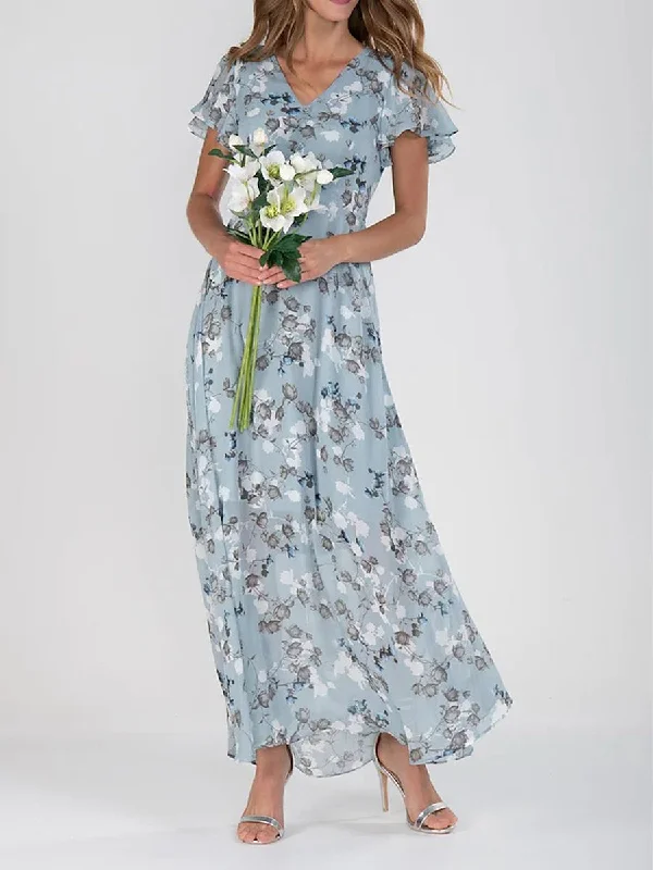 Ruffle Sleeve V Neck Floral Chiffon Maxi Dress