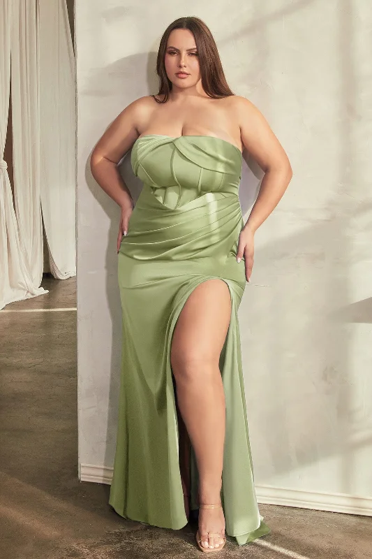 Plus Size Satin Strapless Corset Slit Gown by Ladivine CD326C